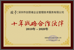 百圖玩具(東莞)授予創(chuàng)思維十年戰(zhàn)略合作伙伴榮譽證書